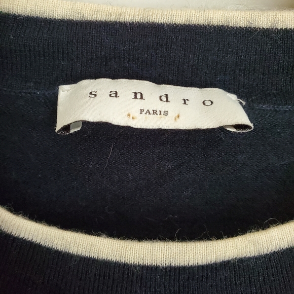 SANDRO Paris Wool Cream Contrast Trim Lightweight Crew Neck Sweater - Picture 6 of 10